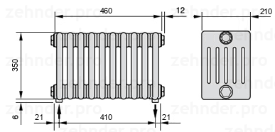 Схема (чертеж) Радиатор Zehnder Charleston 6035/10 №3570 Белый глянцевый RAL 9016